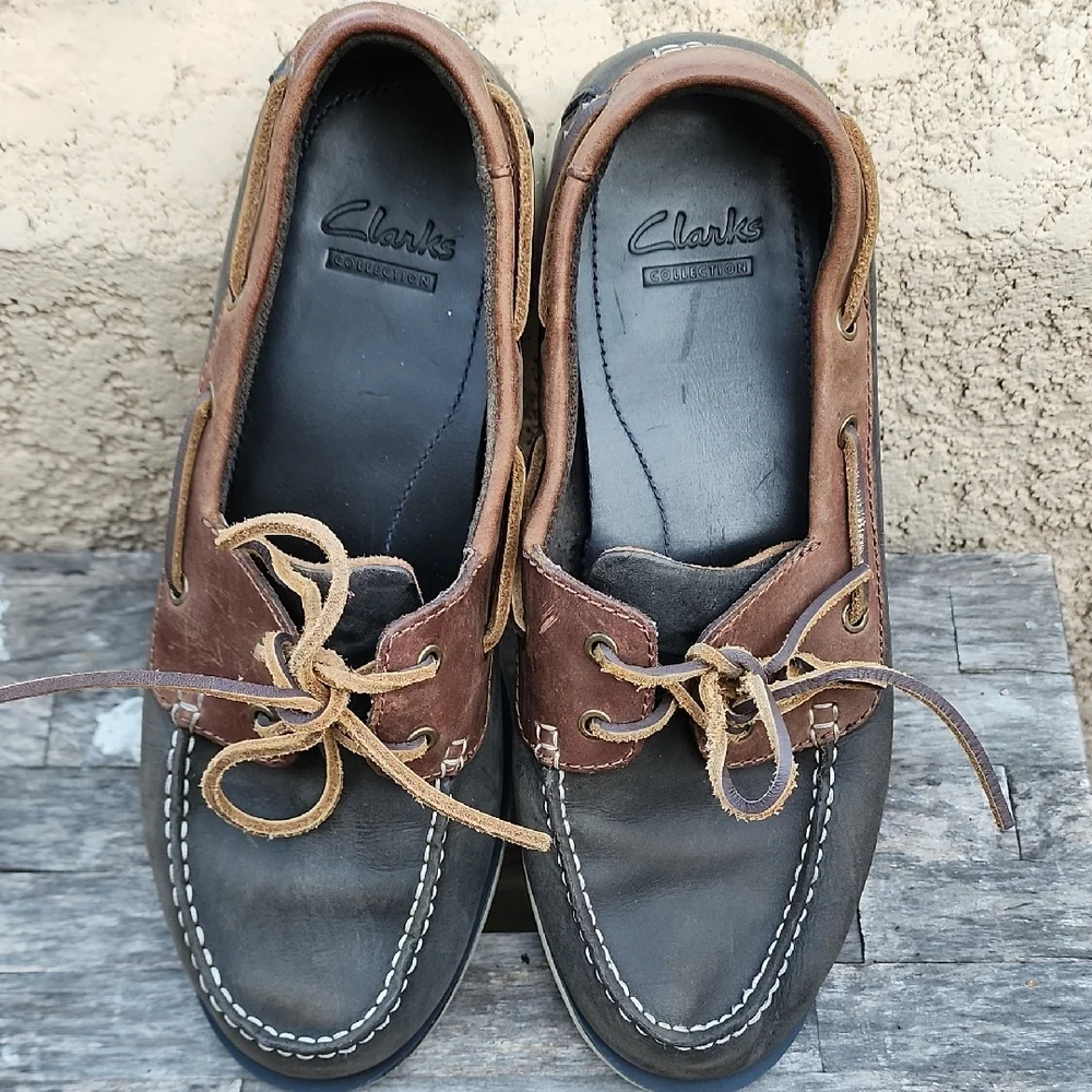 Clarks Boat Shoes with Moccasin Stitching Brown And Grey Size 9